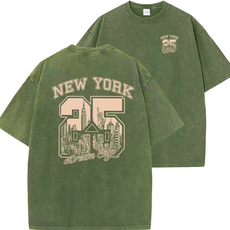 New Vintage Print Washed Short-sleeved T-shirt