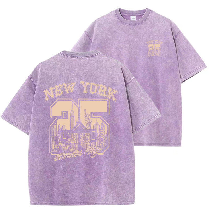 New Vintage Print Washed Short-sleeved T-shirt