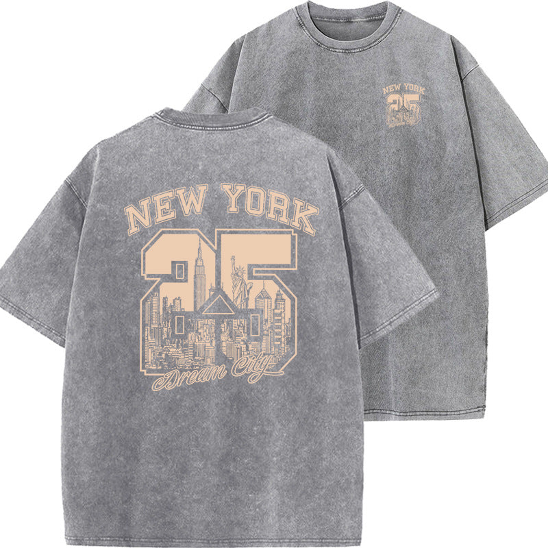 New Vintage Print Washed Short-sleeved T-shirt